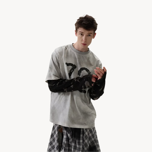 Wasteland Fake Two-piece Splicing Camouflage Long-sleeved T-shirt